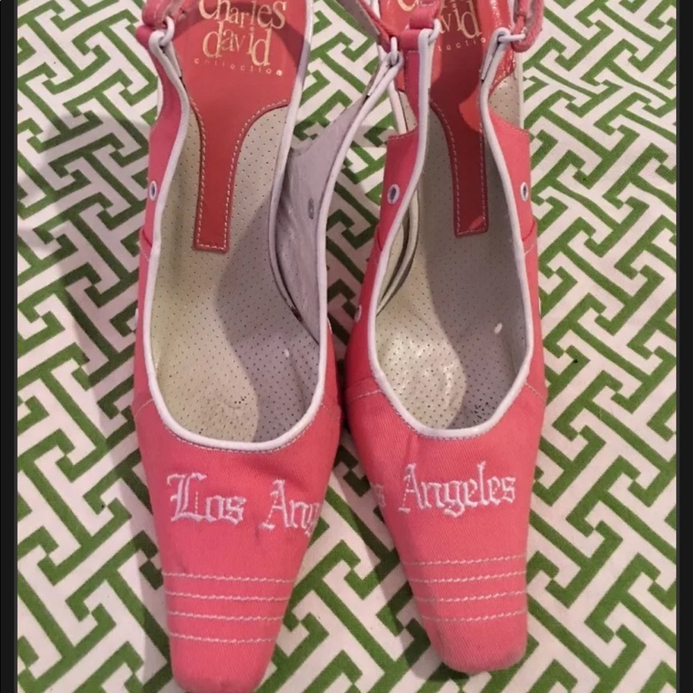 Charles David ~ Los Angeles Pink Canvas Slingback White Leather Heels Size 6.5
